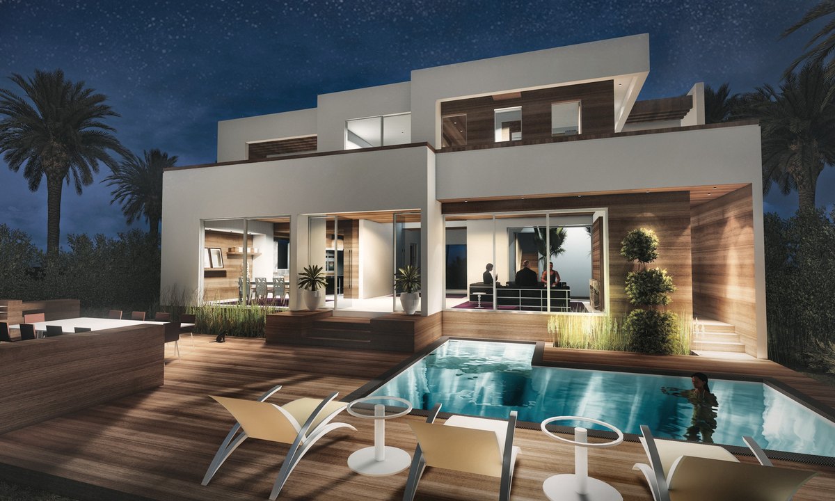 Night view of a modern residence with a pool and wood deck