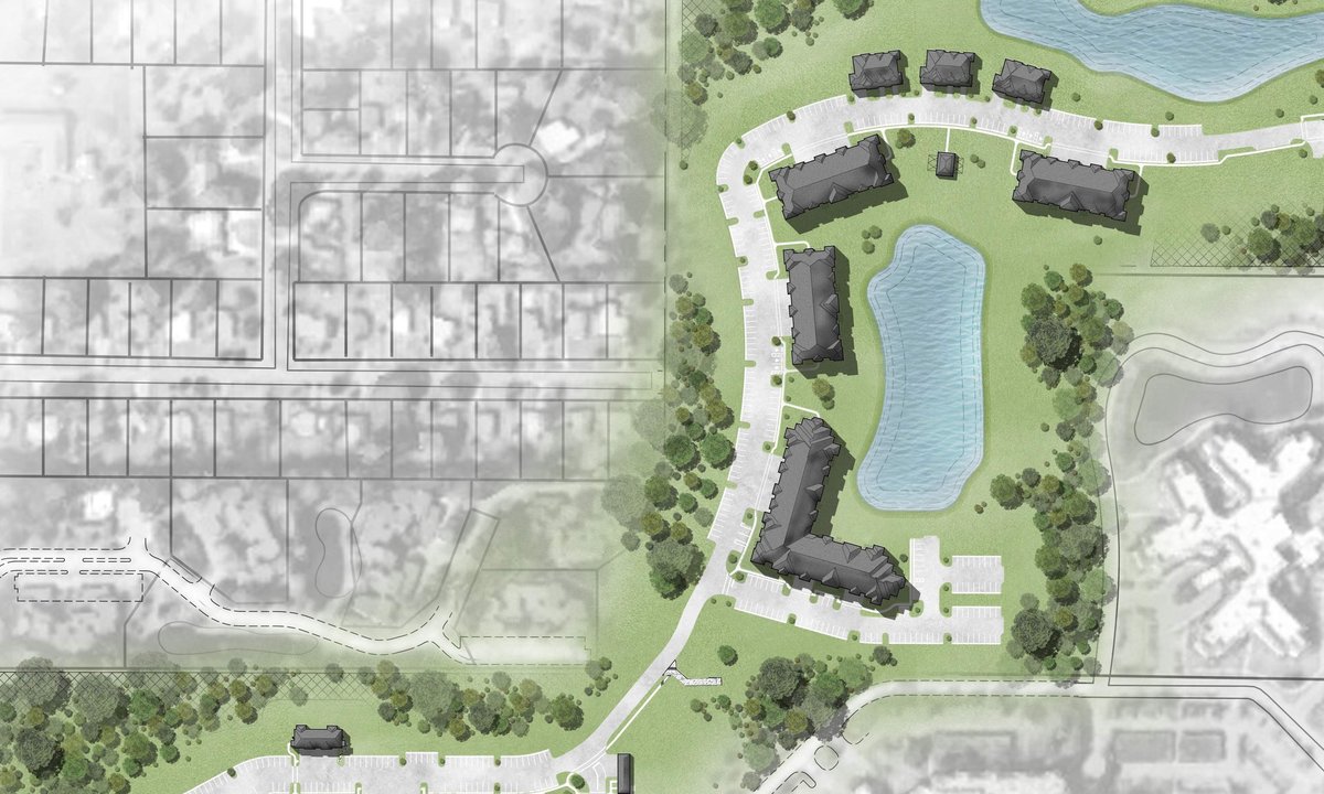 Rendered site plan of a multifamily community around three ponds